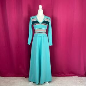 Vintage 70s Giamo Knits turquoise blue maxi sweater dress, small-med